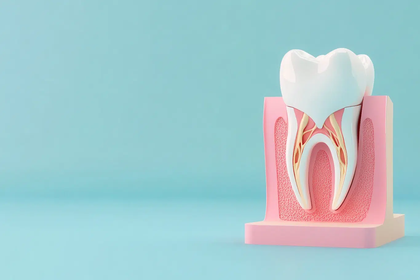 Cross section of a tooth model showing enamel, dentin, and pulp.